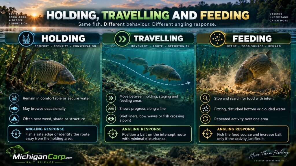 Holding, travelling and feeding carp behavior compared with visible signs and the best angling response.