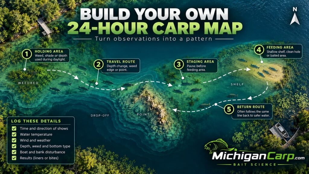 Example 24-hour carp movement map showing a holding area, travel route, staging area, feeding area and return route.