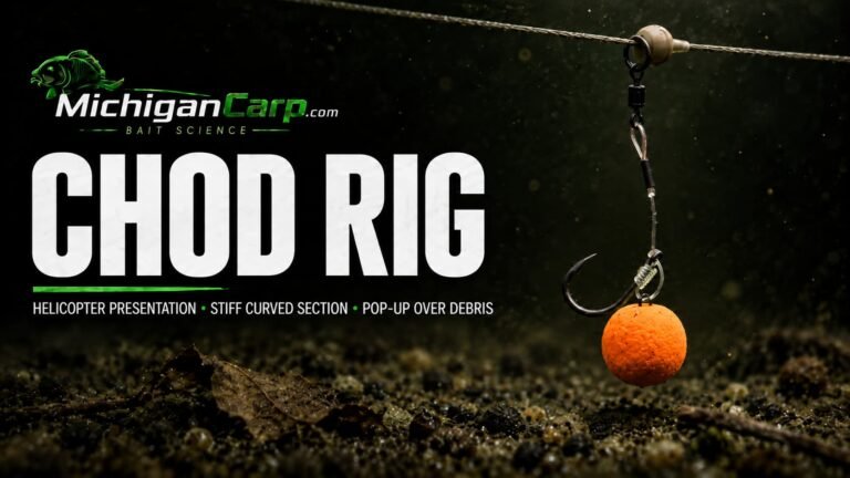 Chod Rig for carp fishing with an orange pop-up, stiff curved hook section and helicopter presentation over lakebed debris