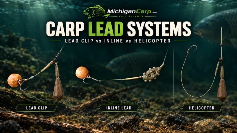Carp lead systems comparing a lead clip, inline lead and helicopter setup for Michigan carp fishing.