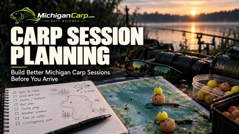 Carp session planning setup on a Michigan lake with rods, map, notebook, bait, weather notes and watercraft checklist.