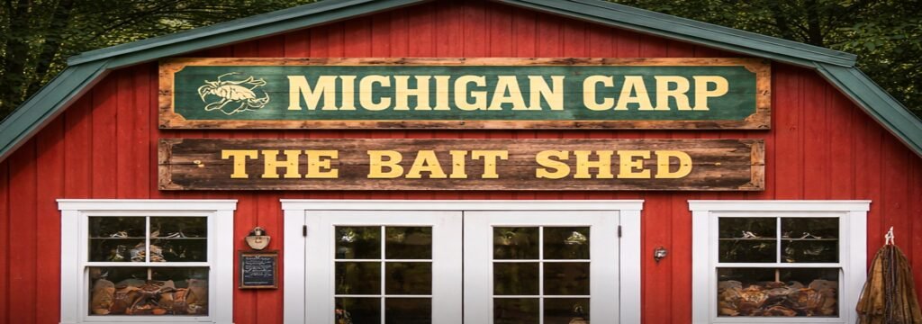 Red bait shed with “Michigan Carp” and “The Bait Shed” signs on the front.