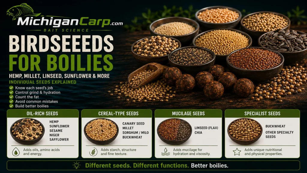 Birdfood vs birdseed for carp boilies showing individual seeds compared with prepared compound birdfood ingredients