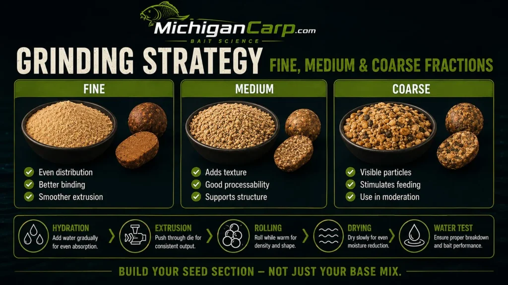 Fine medium and coarse grinding strategy for homemade birdfood blends used in carp boilies