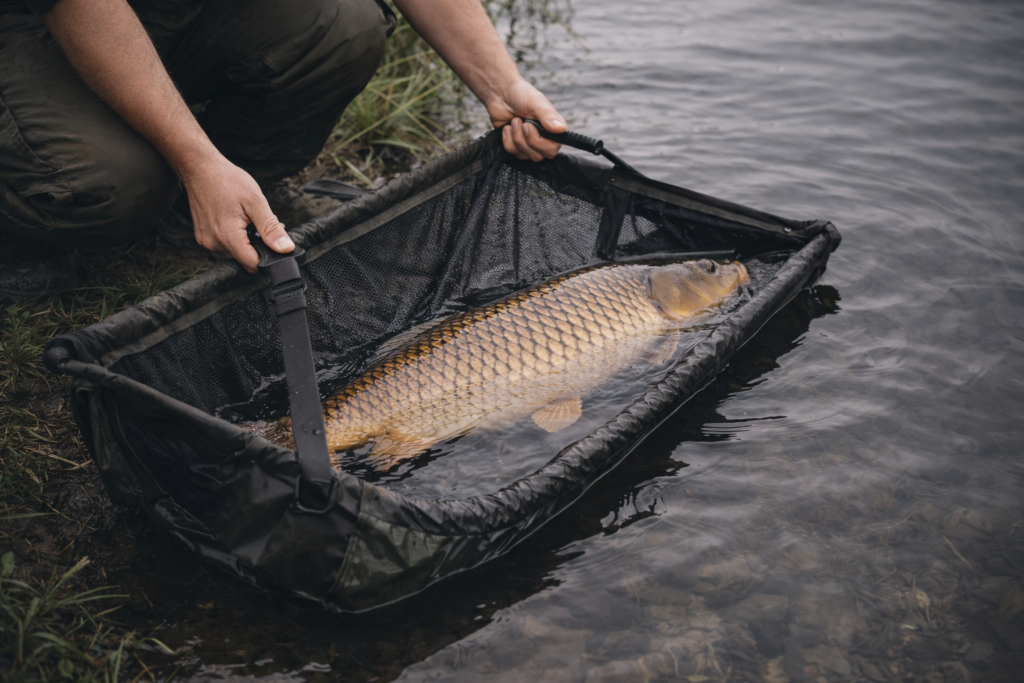 Supporting a carp in a wet sling at the water’s edge until it kicks away strongly.