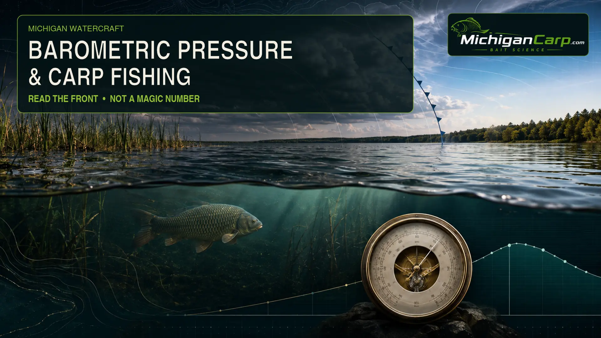 Barometric pressure and carp fishing guide showing a Michigan lake changing from pre-front storm cloud to clearer post-front conditions
