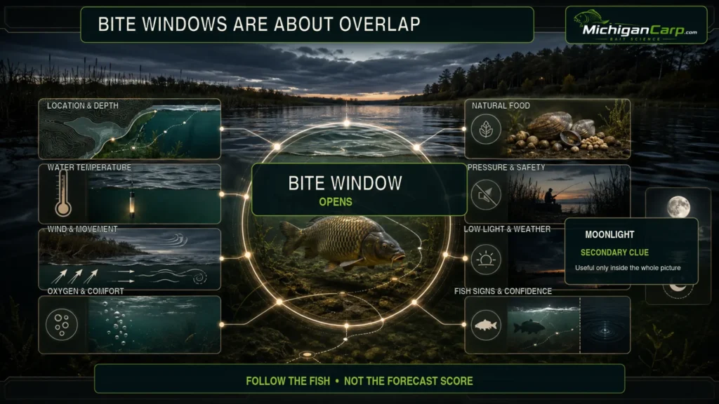 Carp bite window showing overlap between location, temperature, wind, oxygen, food, safety, light and fish signs, with moonlight as a secondary clue