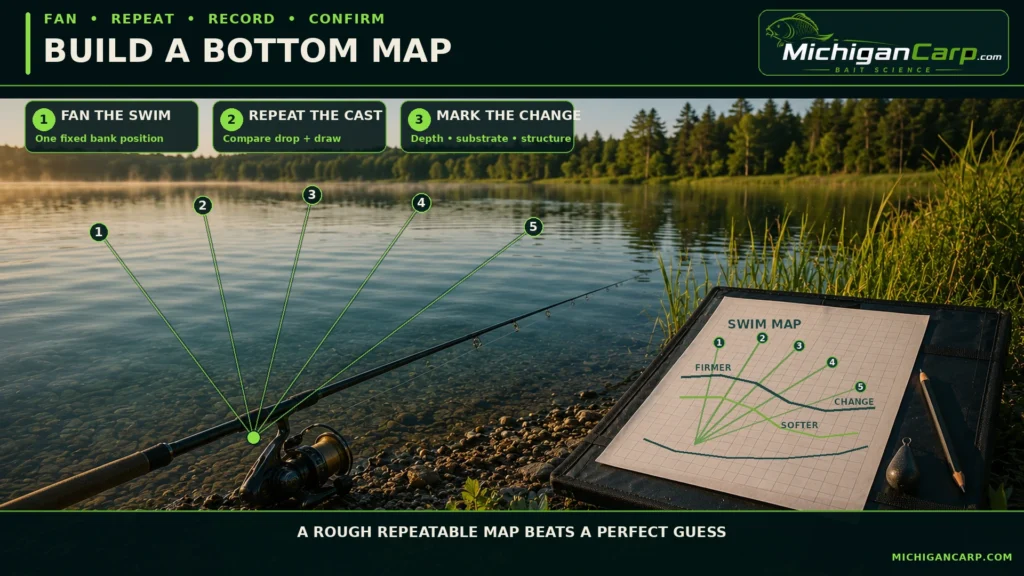 Bottom-mapping field guide showing fan casts, repeatable lanes and a hand-drawn swim map for carp fishing