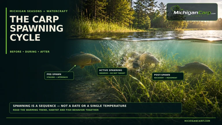 Carp spawning cycle in Michigan showing pre-spawn staging, active spawning in vegetation and post-spawn recovery
