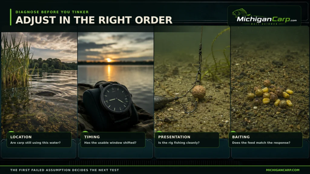 Decision order for carp fishing adjustments showing location timing presentation and baiting
