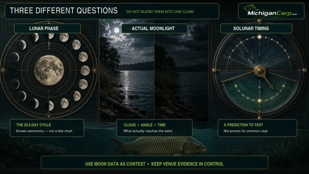Lunar phase, actual moonlight and solunar timing compared for Michigan carp fishing