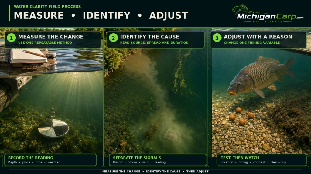 Measure, identify and adjust water clarity with a Secchi disk, a water-change plume and loose boilies near a carp