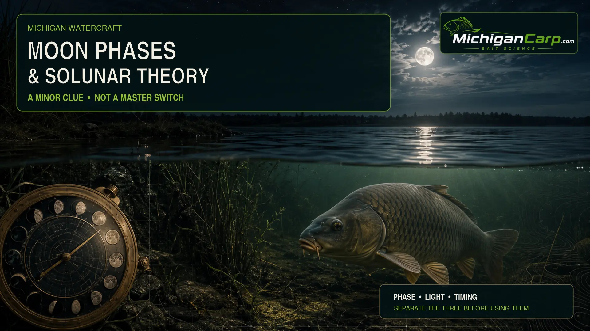 Moon phases and solunar theory shown over a Michigan carp lake with common carp, moonlight and a lunar timing dial
