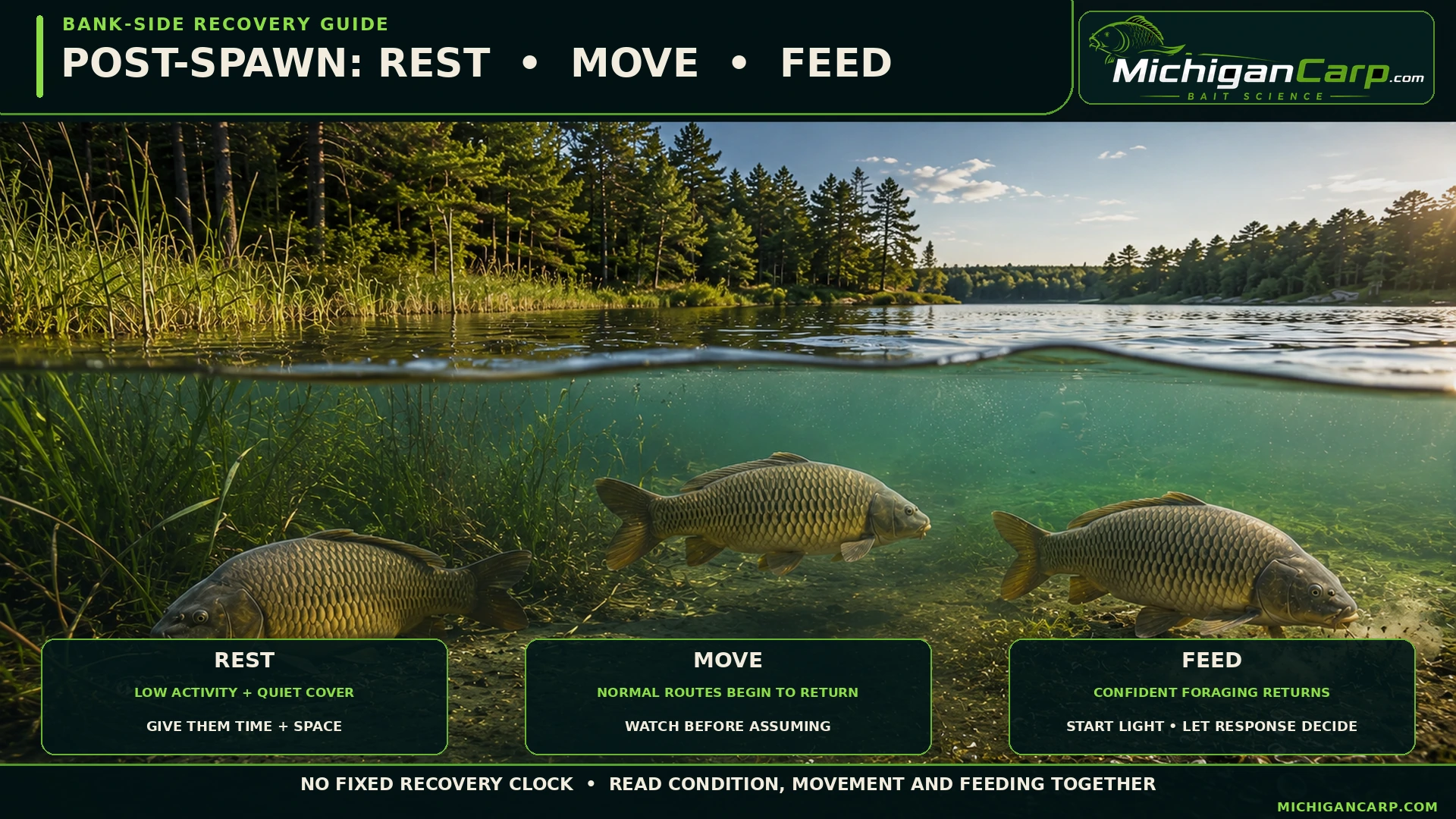 Post-spawn carp recovery sequence showing rest, normal movement and the return of feeding behavior