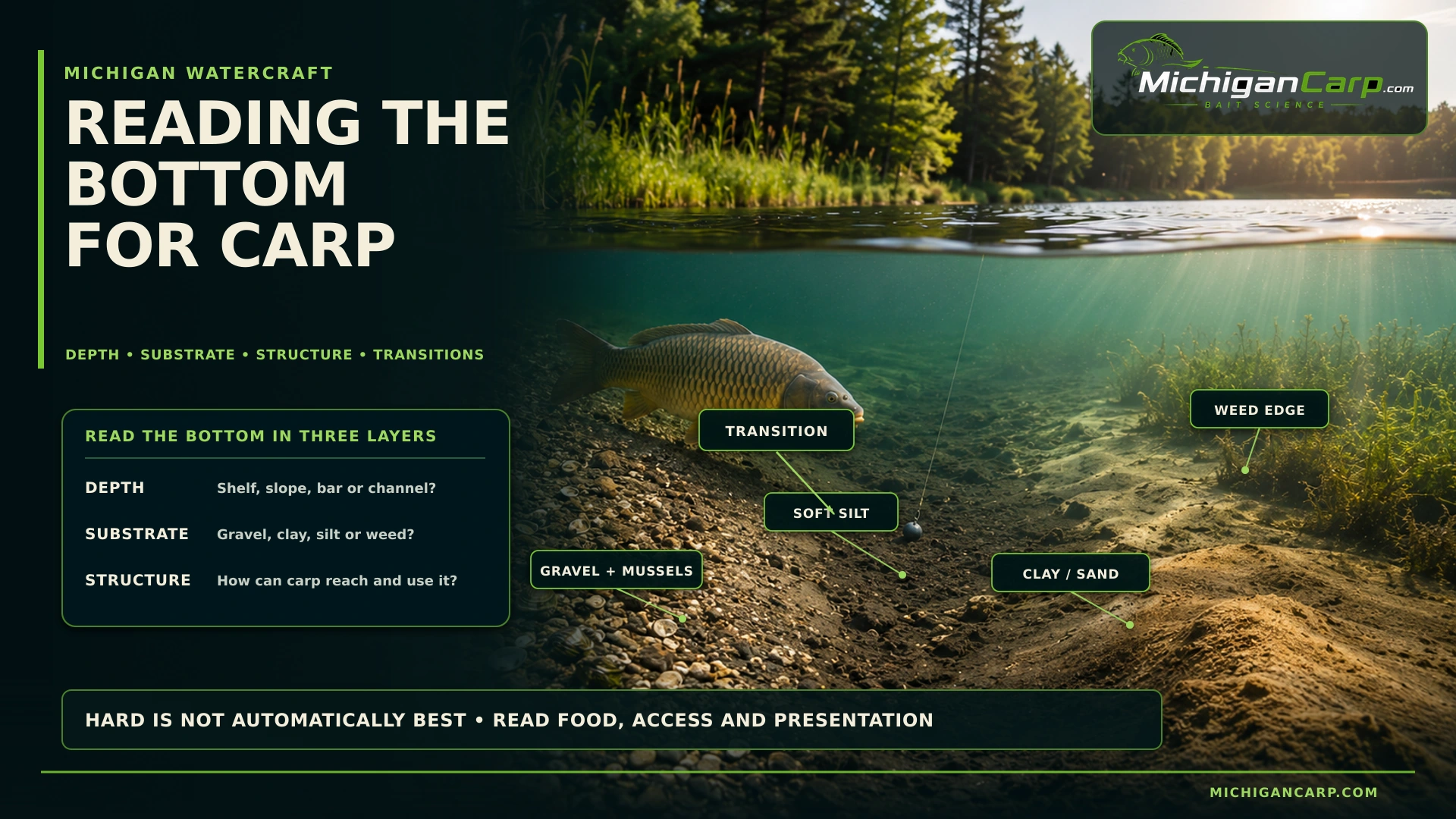 Reading the bottom for carp with a Michigan lake cross-section showing gravel, mussels, silt, clay, weed edge and a common carp