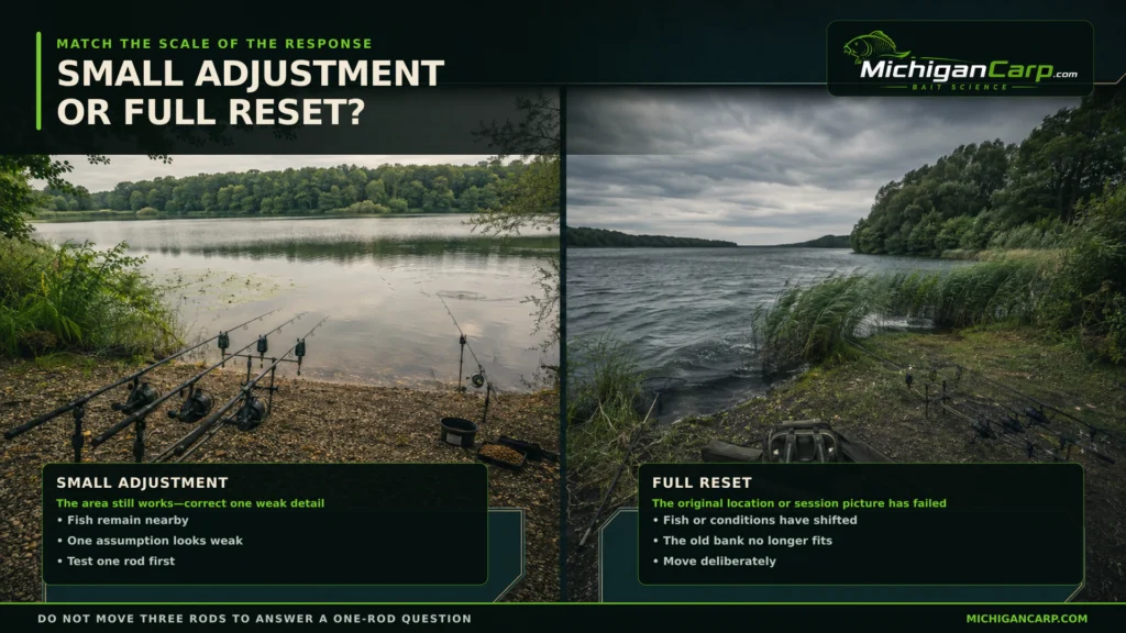 Small adjustment versus full reset comparison for a changing Michigan carp fishing session