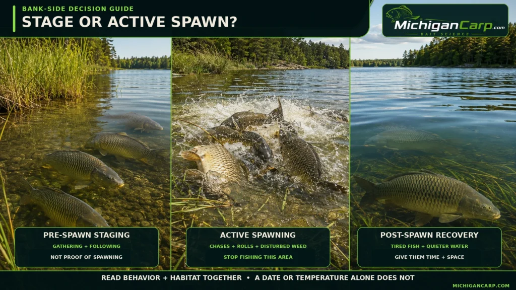 Guide comparing pre-spawn staging, active carp spawning behavior and post-spawn recovery in shallow Michigan lake habitat