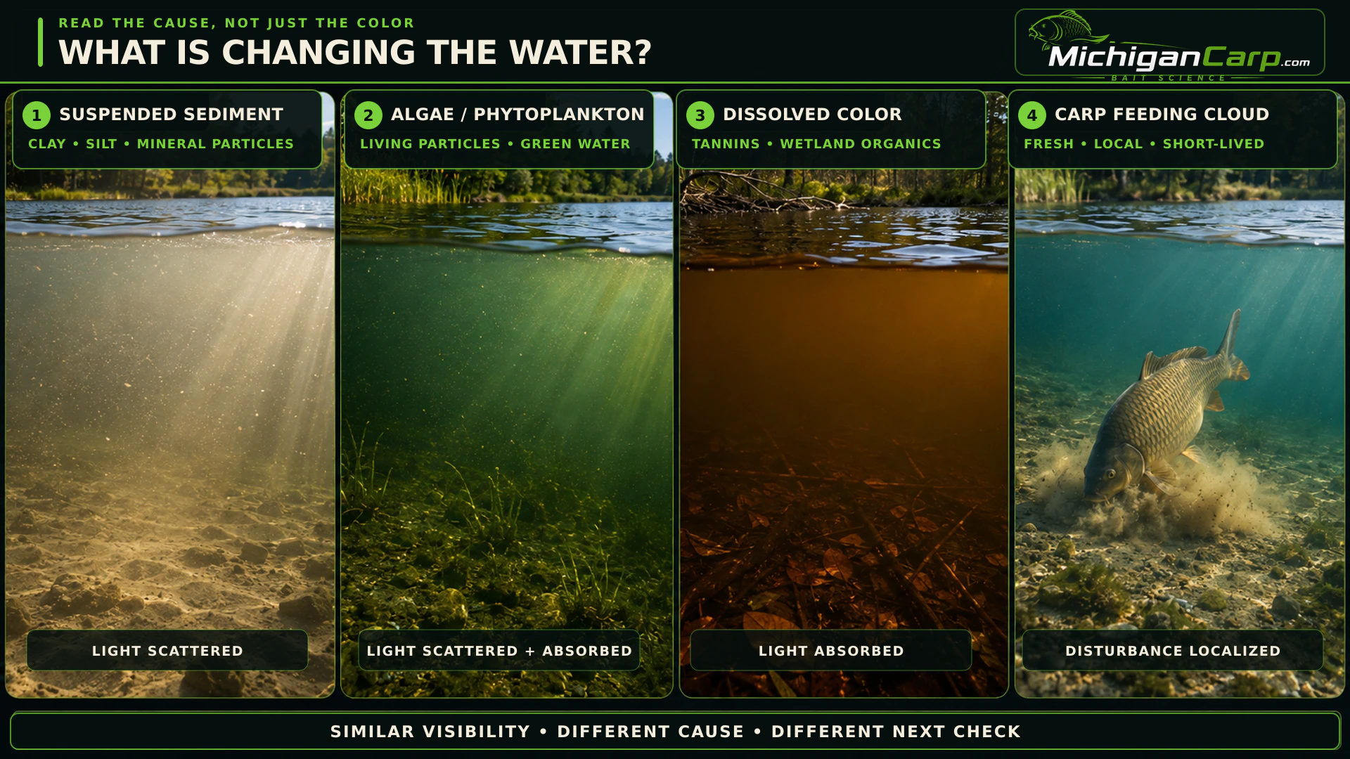 Sediment, algae, dissolved color and carp feeding clouds compared as causes of changing water clarity