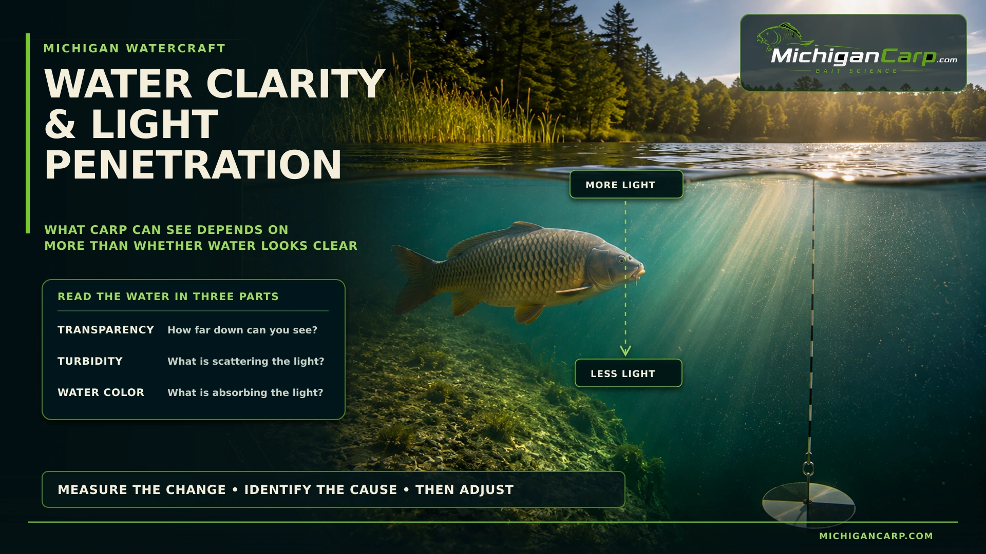 Water clarity and light penetration for carp fishing, with a Secchi disk and common carp