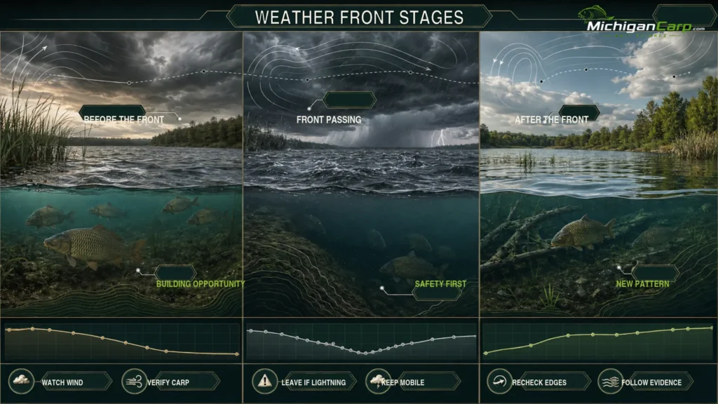 Before-front, front-passing and after-front carp fishing comparison for Michigan lakes