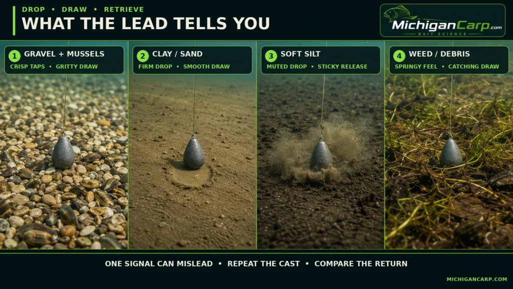 Lead feedback over gravel and mussels, clay or sand, soft silt and weed when reading the bottom for carp