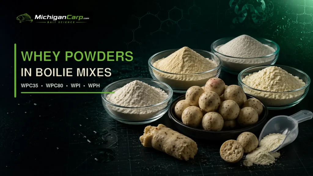 Whey powders in boilie mixes with WPC35, WPC80, WPI and WPH beside pale milk-and-nut boilies on a modern bait-science workbench