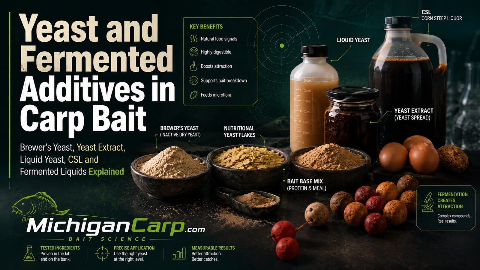 Yeast and fermented additives in carp bait including brewer’s yeast, yeast extract, liquid yeast, CSL and boilies.