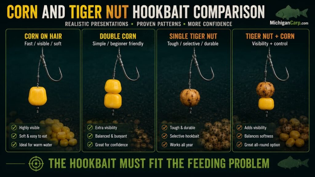 Sweet corn vs tiger nuts for carp showing corn, tiger nuts, hookbaits, particles and bait choice comparison