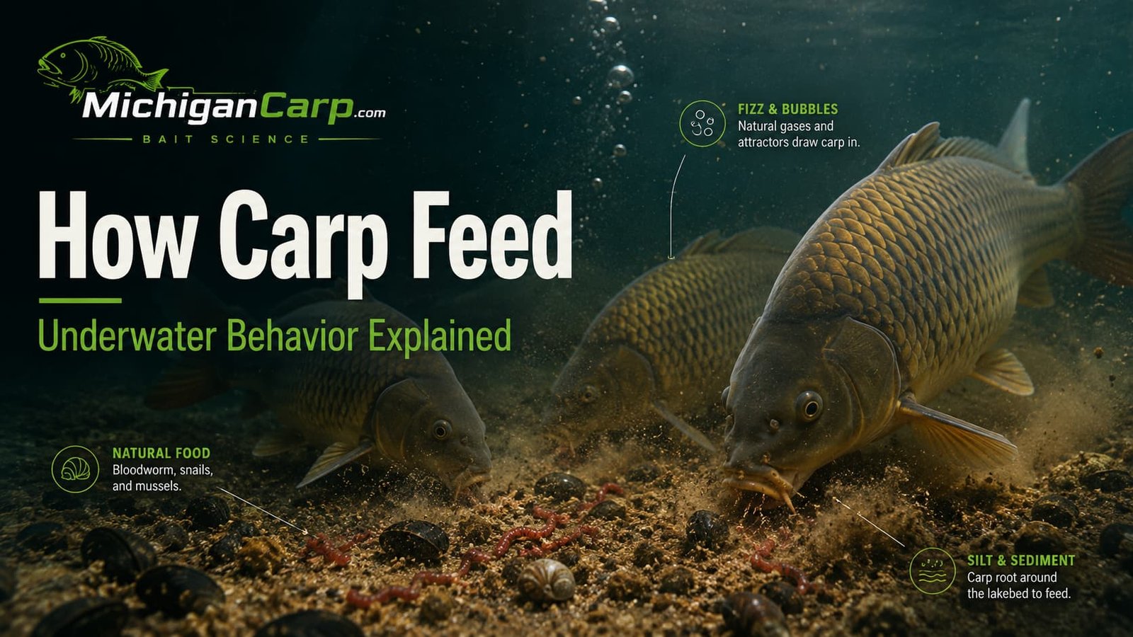 Common carp feeding underwater over a soft lakebed with natural food, disturbed sediment and rising bubbles.