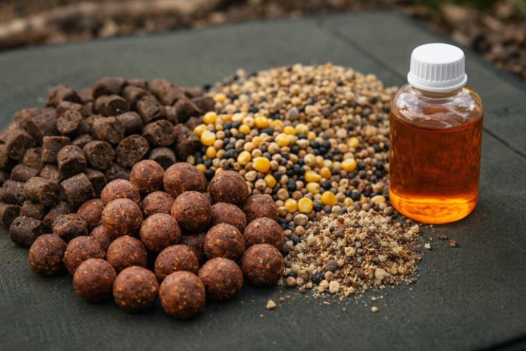 Fishing bait ingredients on green mat