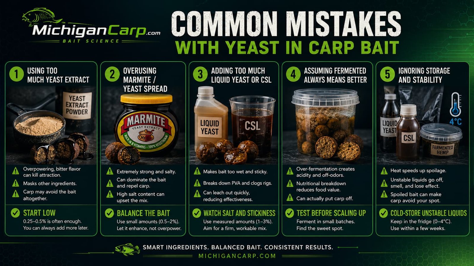 Common mistakes with yeast in carp bait including overusing yeast extract, liquid yeast, CSL and fermented liquids