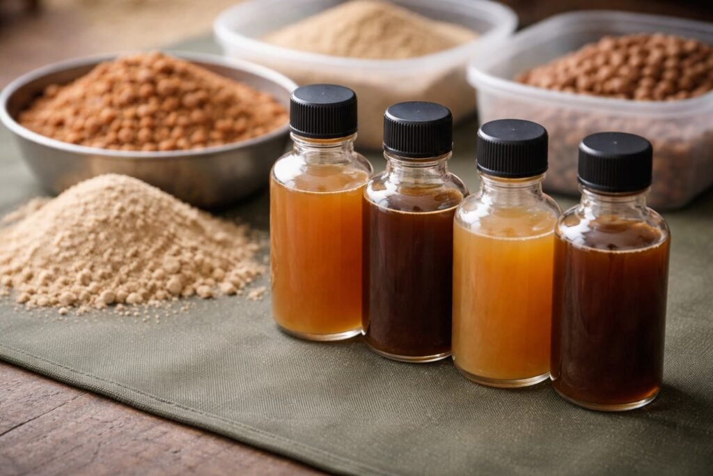 Amber bait liquids beside crumb, pellets, and powdered ingredients.