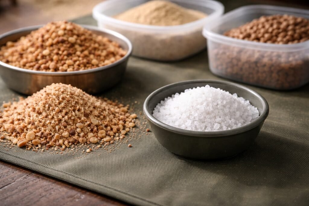 Salt beside crumb, pellets, and powdered carp bait ingredients.