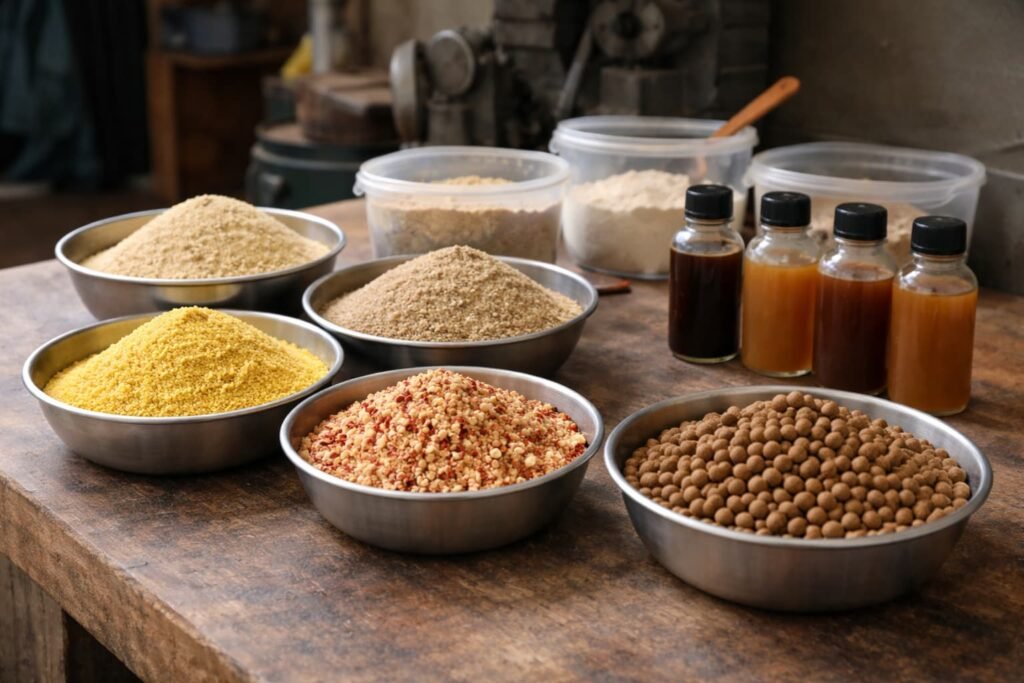 ALT Grain meals, pellets, powders, and liquid additives arranged on a bait bench.