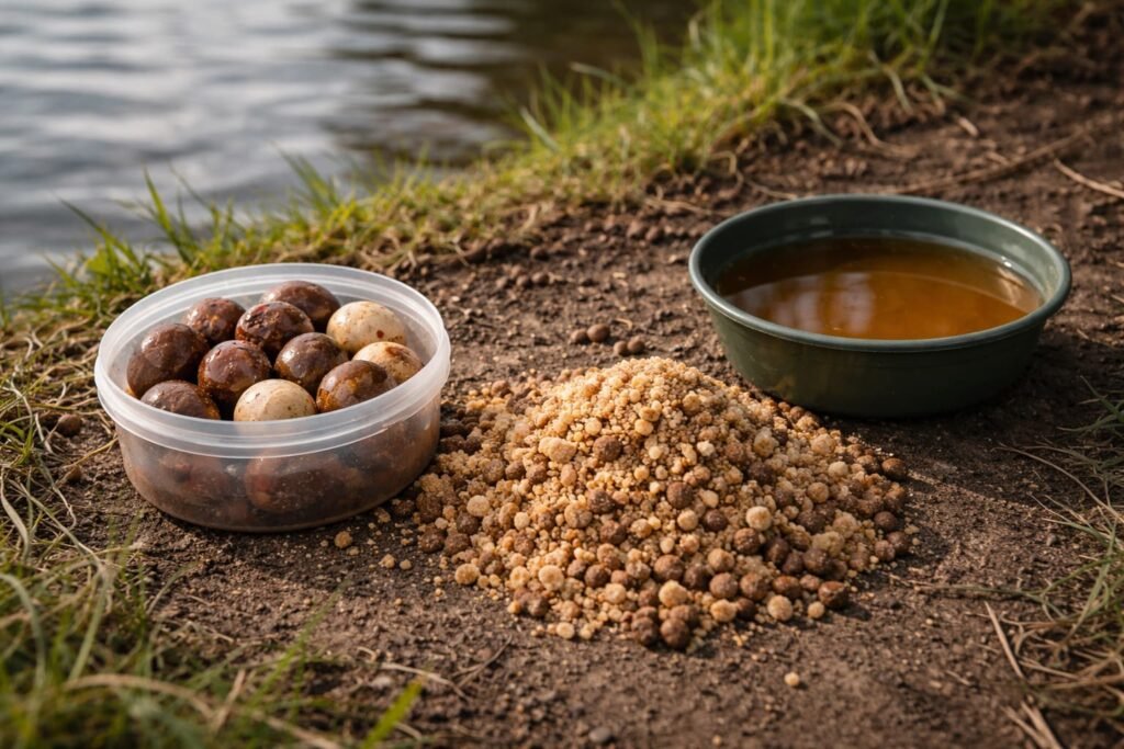 Treated hookbaits, crumb, pellets, and a light bait liquid beside a calm Michigan lake.