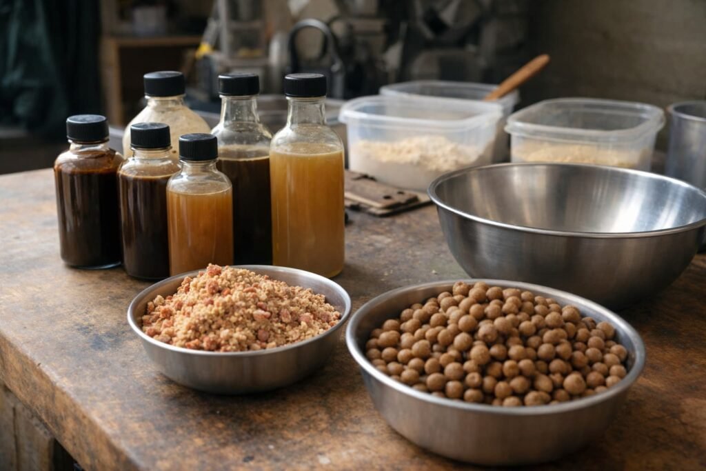 Crumb, pellets, powders, and bait liquids arranged on a bait-making bench.