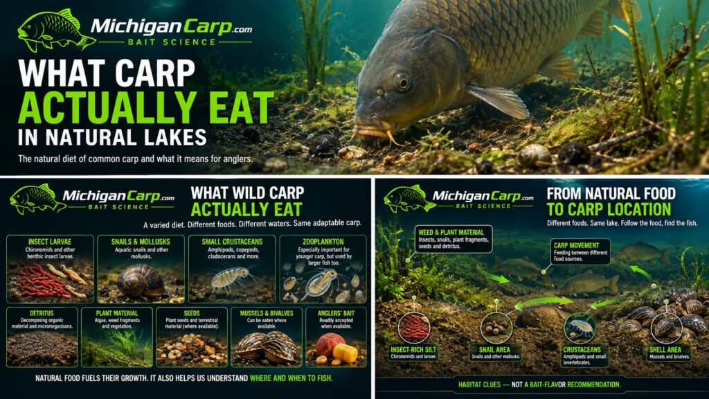 Natural common carp diet showing insect larvae, aquatic snails, crustaceans, zooplankton, detritus, plant material, seeds and mollusks.