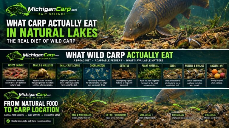 What carp actually eat in natural lakes, showing a common carp feeding over natural lakebed food.