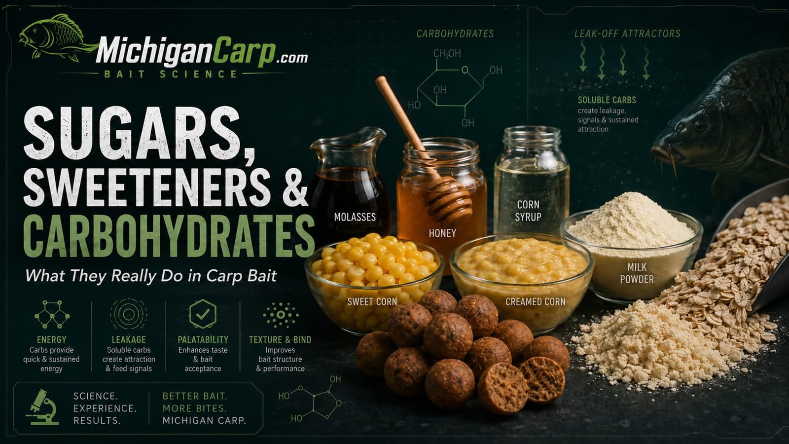 Sugars sweeteners and carbohydrates in carp bait infographic showing molasses honey sweet corn milk powders syrups boilies and packbait ingredients.