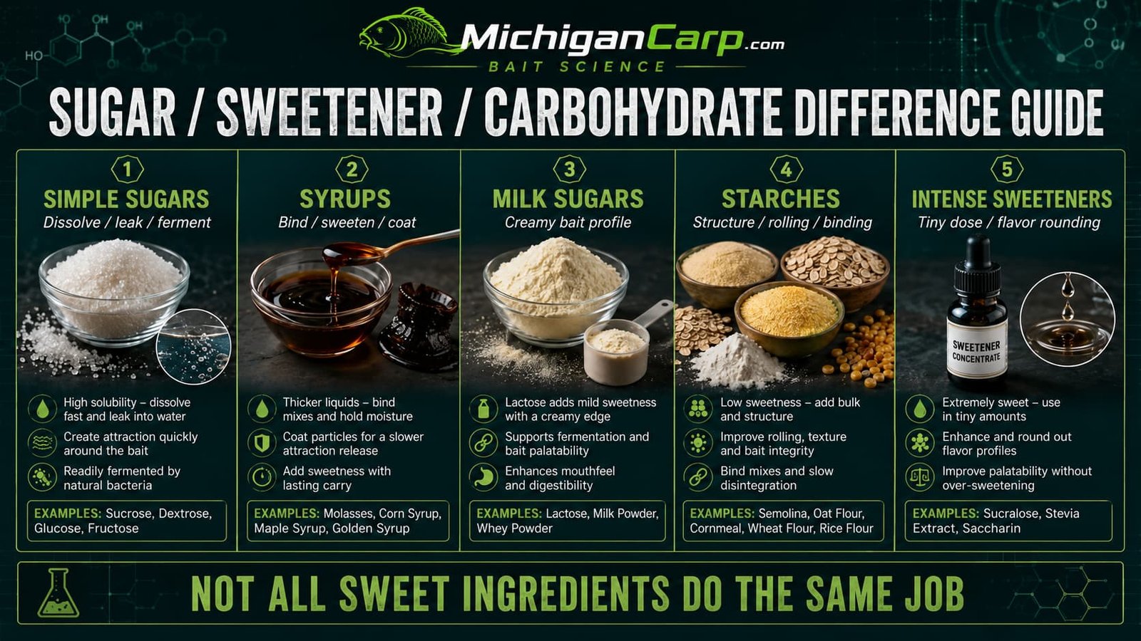 Sugar sweetener and carbohydrate difference guide for carp bait showing simple sugars syrups starches milk sugars and intense sweeteners.