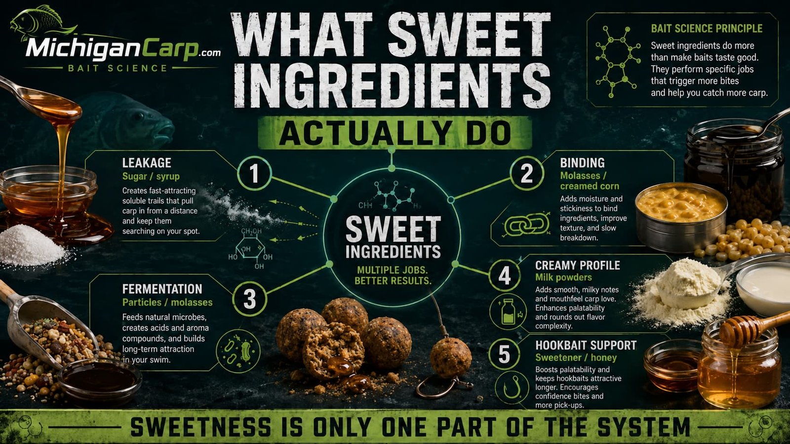 Sweet ingredient bait jobs map showing molasses honey sweet corn milk powders and syrups for leakage binding fermentation texture and bait acceptance.