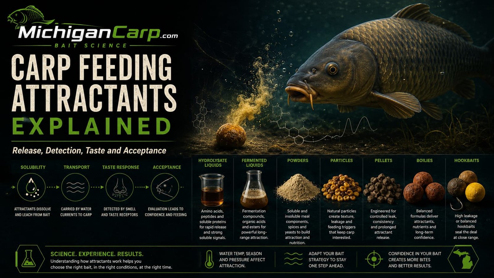 Hero alt text:Carp feeding attractants explained with a carp approaching bait release, hydrolysate liquids, fermented liquids, powders, particles, pellets, boilies and hookbaits.