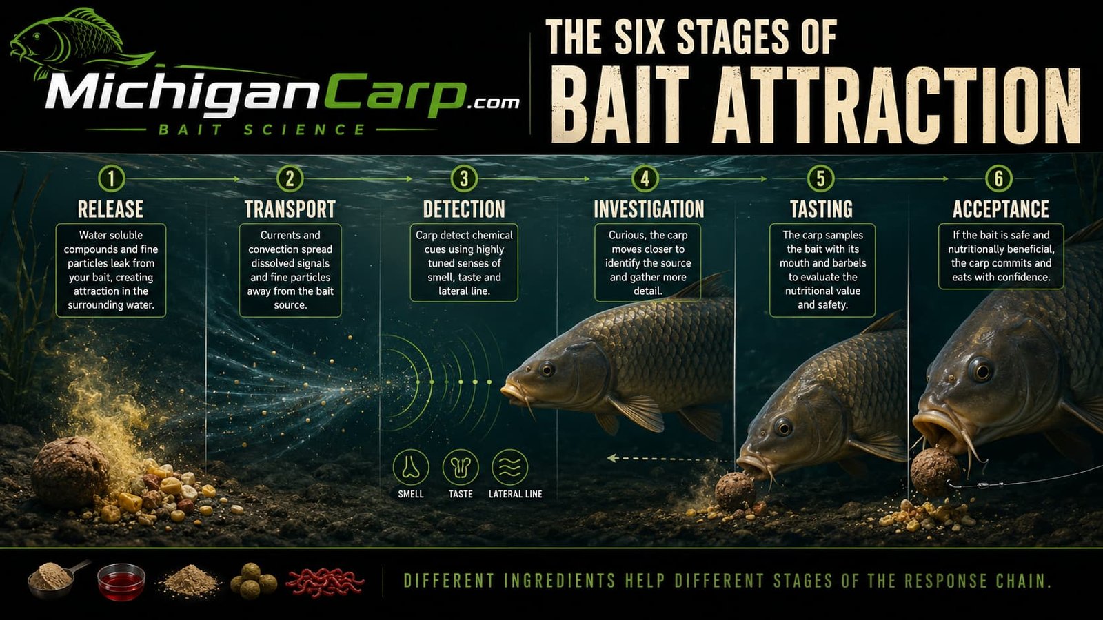 Six stages of carp bait attraction showing release, transport, detection, investigation, tasting and acceptance.