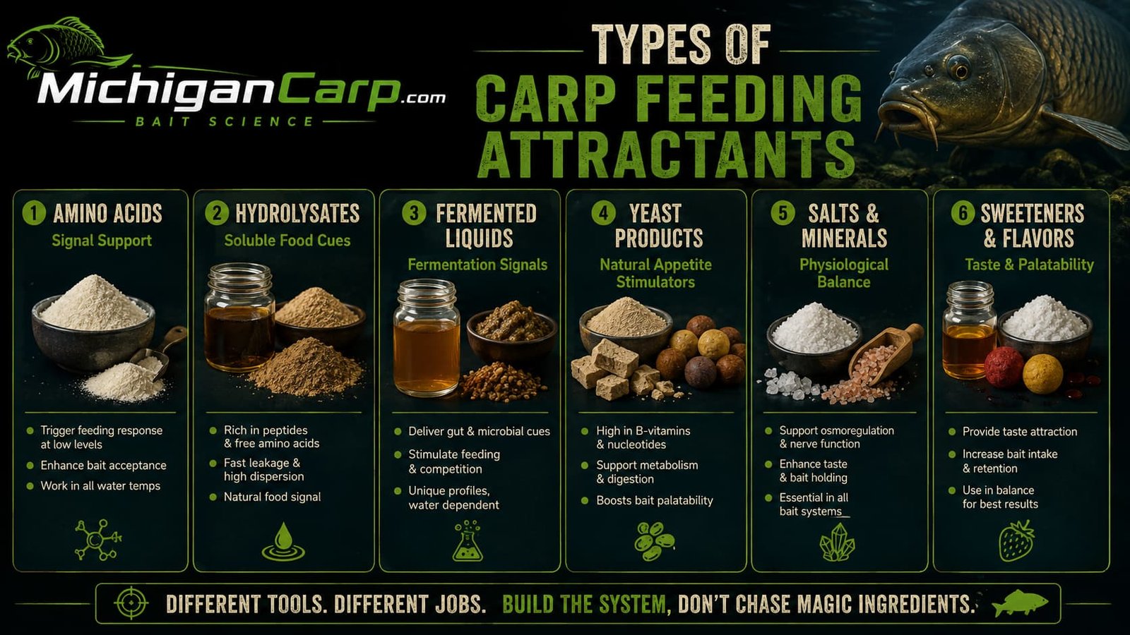 Types of carp feeding attractants infographic showing amino acids, hydrolysates, fermented liquids, yeast products, salts, minerals, sweeteners and flavors.