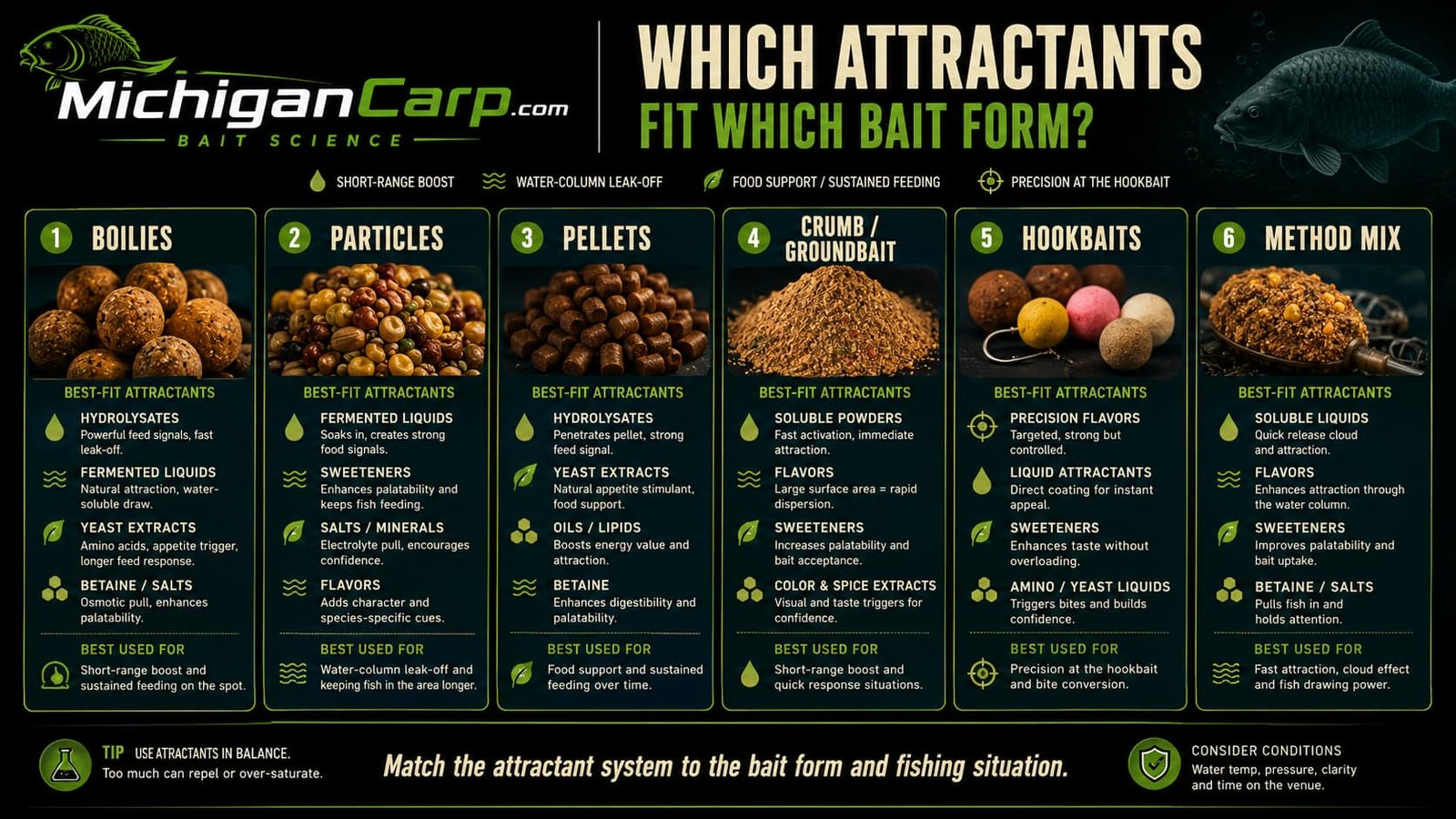 Carp bait form infographic showing which attractants fit boilies, particles, pellets, crumb, hookbaits and method mix.