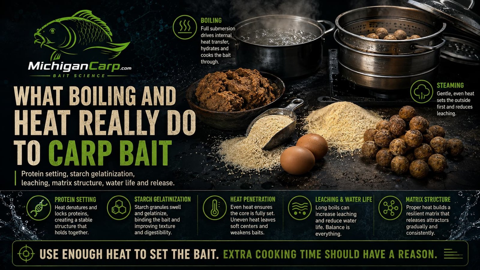 What boiling does to carp bait infographic showing boilies, boiling water, steaming, protein setting, starch gelatinization, leaching and bait structure.