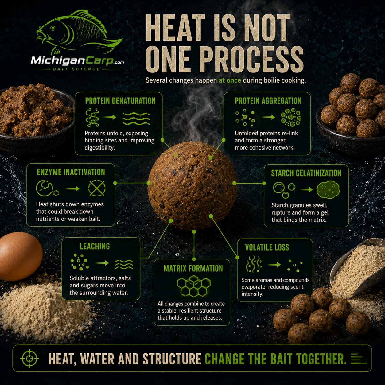 Heat is not one process infographic showing protein denaturation, protein aggregation, starch gelatinization, enzyme inactivation, leaching, volatile loss and matrix formation in carp bait.