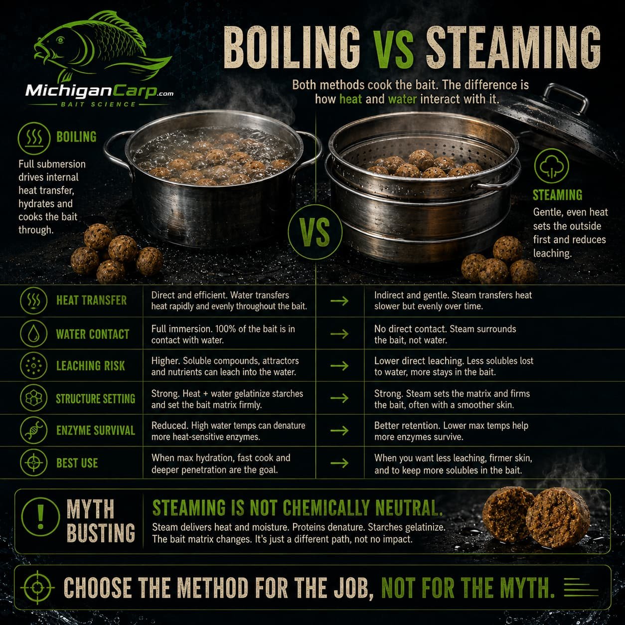 Boiling vs steaming carp bait infographic comparing heat transfer, water contact, leaching risk, structure setting, enzyme survival and best use.