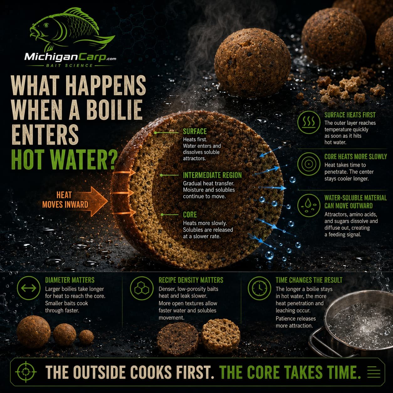 What happens when a boilie enters hot water infographic showing surface heating first, heat moving inward, slower core heating and soluble material moving outward.