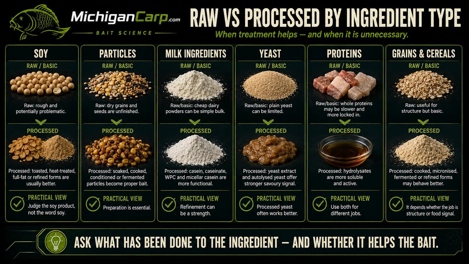 Infographic explaining raw vs processed ingredients in carp bait.